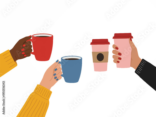 Four hands holding coffee mugs and take away cups in different colors  people cheering with beverages