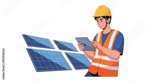 Solar Panel Technician: A skilled technician, equipped with a tablet, conducts a comprehensive inspection of solar panels.