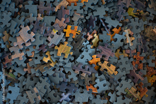 Colored puzzle pieces in a box for assembling a picture