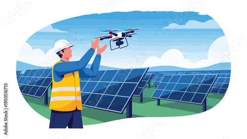 Solar Panel Inspection with Drone: An engineer conducts a thorough inspection of a sprawling solar panel installation using a drone.