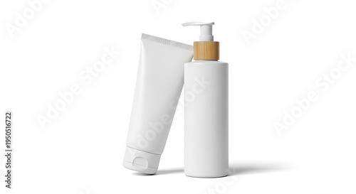 White cosmetic tube and pump bottle with bamboo detail for beauty product mockup with personal care with packaging design.