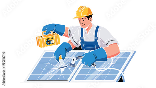 Solar Panel Maintenance: A skilled technician, equipped with protective gear, diligently maintains solar panels, highlighting the importance of sustainable energy solutions and skilled workmanship.