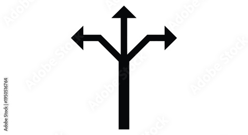 Black signpost with three arrows pointing left straight and right on white background