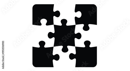 Black puzzle pieces forming a connected arrangement on a white background