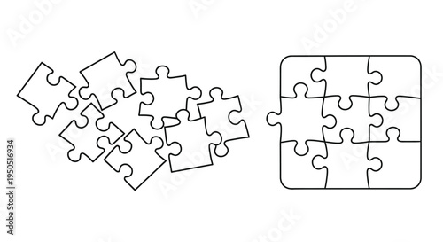 A partially completed jigsaw puzzle with scattered pieces and a completed section