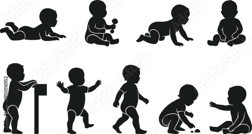 Baby Development Stages Silhouette Set, Infant Crawling Sitting Walking Milestones Collection, Early Childhood Growth Progress, Toddler Learning Movement Vector Illustration