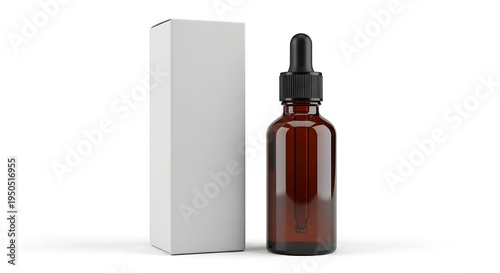 Amber glass dropper bottle with white box, mockup for essential oil or serum.
