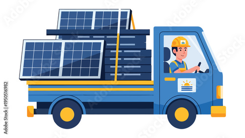 Solar Panel Installation Delivery: A diligent technician steers a truck laden with solar panels, signifying a commitment to a clean energy future and illustrating sustainable power
