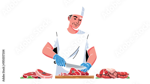 Artisan butcher expertly trims cuts of prime meat, showcasing skill and precision in the art of butchery. 