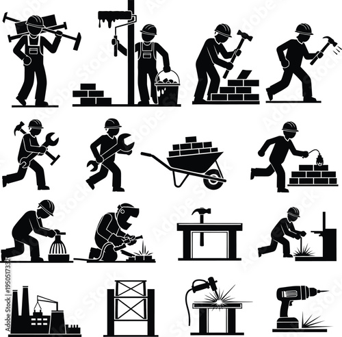 Construction workers engaged in various activities and tasks