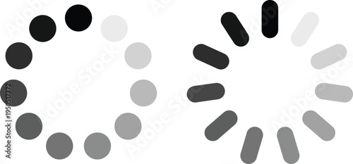 Circular loading spinner set. Dotted and segmented progress indicators in minimal style. UI animation elements for buffering, waiting, and processing states.