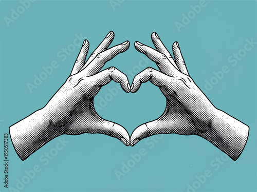 Hands forming a heart shape with fingers on teal background  love and affection concept
