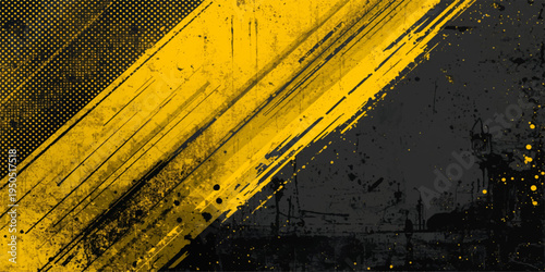A grunge industrial backdrop featuring weathered yellow and black hazard stripes on a dirty metal texture serves as a cautionary safety sign for construction and road danger