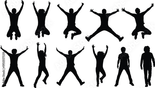 Jumping people silhouettes collection cad drawing flat vector illustration, happy group celebration flavector, active youth men women jumping for joy.