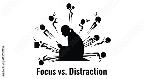 Woman using phone surrounded by distracting figures in a silhouette illustration