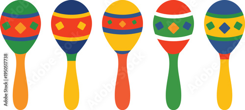 Five colorful maracas with geometric patterns on a white background shaker percussion