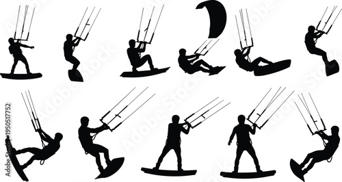 Kitesurfing silhouette collection, cad drawing flat vector illustration, flavector set of kiteboarders performing jumps and tricks in extreme water sports.