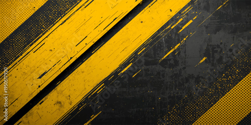 A grunge hazard stripes background featuring dirty yellow and black warning lines on an old metal wall texture for a construction safety sign design