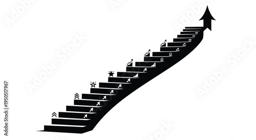 A black and white illustration of stairs leading upwards with various symbols