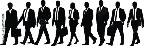 Business people silhouettes walking with briefcases suits ties professional team corporate group office workers businessmen businesswomen vector black silhouette