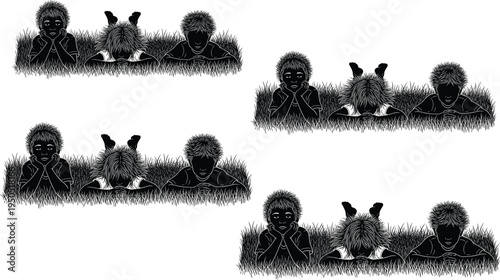 Children Lying on Grass Reading Books Silhouette Set, Kids Relaxing Outdoor Study Time, Childhood Learning Nature Vector Illustration