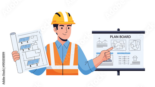 Architectural Blueprint Unveiled: A skilled architect, donned in a safety vest and hardhat, presents detailed architectural blueprints, showcasing the intricacies of a construction plan.
