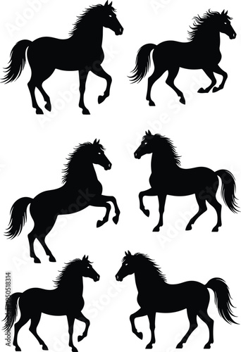Black horse silhouette set featuring majestic stallions in various poses including galloping, rearing, and trotting for equestrian sports, farm logos, and vinyl decals.