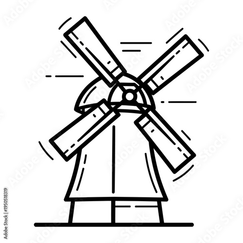 Traditional windmill stands tall with rotating blades against a bright sky symbolizing renewable energy and sustainability in a minimalist illustration style