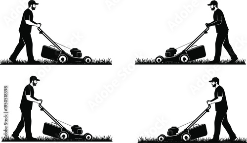 Man Pushing Lawn Mower Silhouette Mowing Grass Field Backyard Professional Landscaping Service Gardener Working Outdoors Garden Maintenance Yard Care Equipment