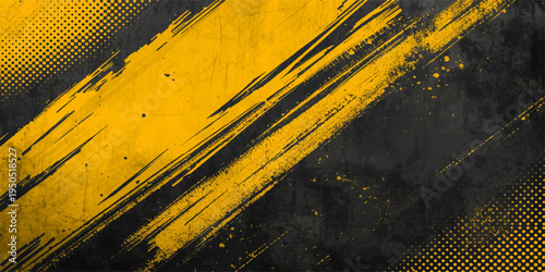 A dirty industrial metal plate features a grunge pattern of old yellow and black hazard stripes for a weathered construction danger warning sign design