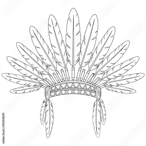 Traditional native american headdress with feathers and leather band isolated on white background detailed illustration of indigenous cultural symbol