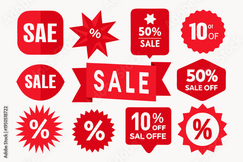 Vibrant red vector graphic illustration set of sale tags and discount labels for retail promotions and advertising campaigns