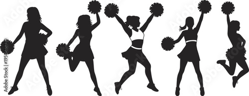 Black silhouette set of cheerleaders jumping with pom poms dynamic poses cheerleading team performance dance routine on white background.