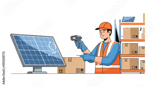 Renewable Energy Inspector: An individual, donning a cap and safety gear, scans a barcode on a solar panel box in a warehouse setting.