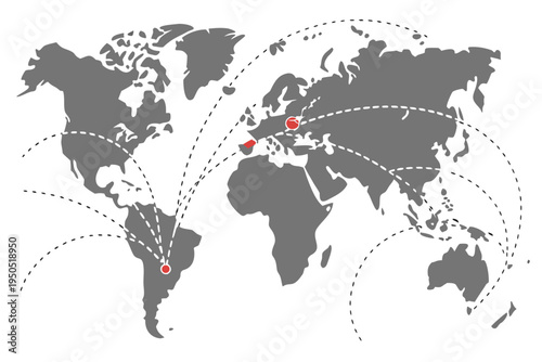 Global network map illustration showcasing worldwide connections and international business logistics with pin locations and dotted routes graphic design.