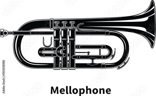 Mellophone vector illustration black and white silhouette isolated on white background for marching band music concert jazz performance brass instrument.
