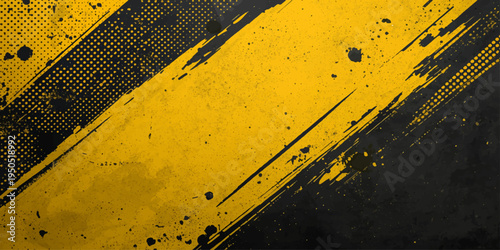 A vintage industrial wallpaper features a dirty yellow grunge background with old rusty metal plate textures and black hazard stripes as a caution sign for construction danger