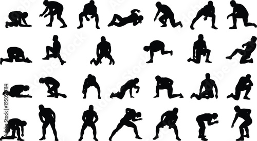 Black silhouette set of wrestling poses grappling fighters various stances takedowns holds combat sports athletes on white background vector collection.