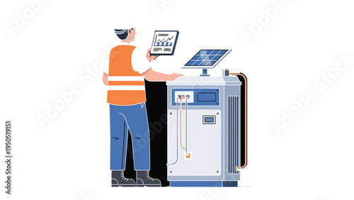 Solar Energy Technician: A dedicated technician meticulously monitors solar energy system, utilizing tablet to gather data from panel. Focused on harnessing power of innovation.