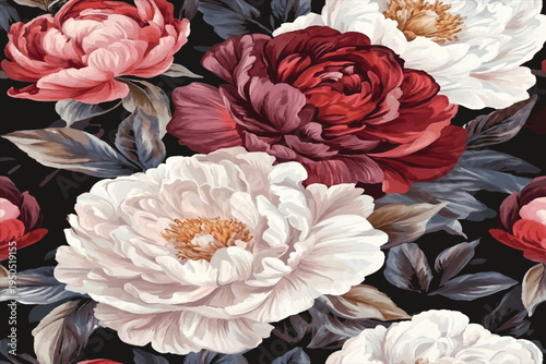 Roses and peonies floral pattern in burgundy, cream, white, and pink colors on a dark background, vector illustration.