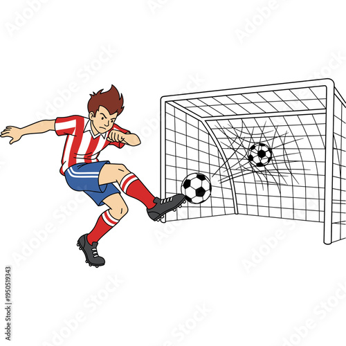 Soccer player kicks ball into goal net with force and accuracy during intense sports event