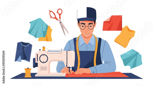 Artisan at the Loom: A skilled artisan, absorbed in the art of garment creation, meticulously maneuvers the sewing machine, with a creative design on the workbench.