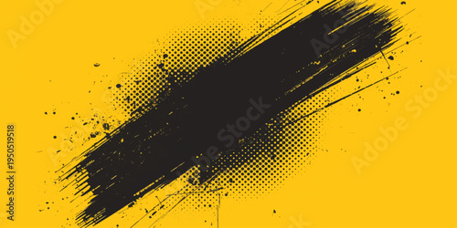 A black vector illustration featuring an abstract grunge background with ink splats, paint spray textures, and a halftone drip pattern element