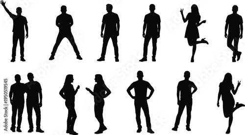 People standing silhouettes set, diverse men and women posing group, cad drawing flat vector illustration flavector, casual human character collection.