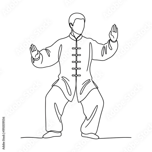Silhouette of a person practicing tai chi in traditional attire demonstrating balance and grace with open palms