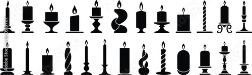 Black silhouette collection of various candles and candlesticks burning flames different shapes sizes holders romantic decor set on white background.