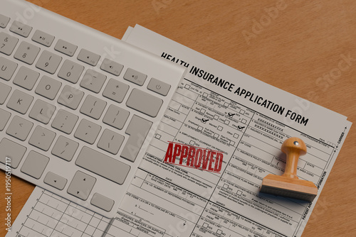 Health insurance application form with red approved stamp on office desk, financial planning concept.