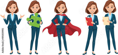 Cartoon businesswoman character set confident woman in suit with cape puzzle clipboard paper smiling professional superwoman poses vector illustration.
