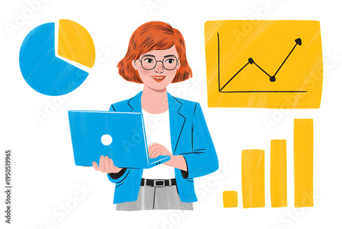 Businesswoman with laptop and data charts