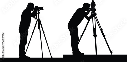 Photographer with camera on tripod and land surveyor using theodolite silhouettes, cad drawing flat vector illustration, engineering and professional photography.